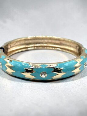 Sequin Gold-Tone and Turquoise Enamel Hinged Bangle Bracelet